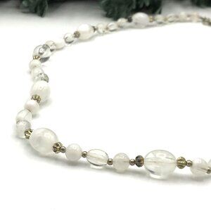 Vintage White & Clear Beaded Necklace With Gold Accents